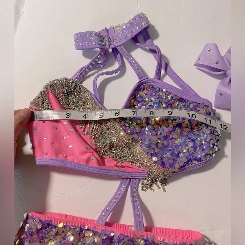 Glamour solo sassy dance costume purple pink embellished rhinestone fringe LC